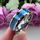 New Beveled White/Blue Carbon Fiber Inlay Fashion 6/8mm Comfort Fit Tungsten Carbide Wedding Rings for Men and Women - The Jewellery Supermarket