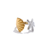 18K Gold Plated Ocean Style Stainless Steel Metal Shell Starfish Adjustable Summer Charm Ring