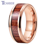 Rosewood Koa Wood Inlay Beveled Polished Finish 8mm Men Women Tungsten Wedding Rings