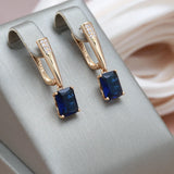 14 Karat Rolled Gold Square Mysterious Blue AAA Zircon Crystals Luxury Long Earrings
