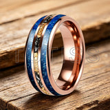 Polishing Dome Blue Glass Stone Meteorite Gold Foil Inlay 6mm 8mm Tungsten Rings