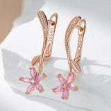 Superb Frosted Texture Pink 14K Rolled Rose Gold AAA Zircon Flower Dangle Earrings for Women - Fashion Jewellery