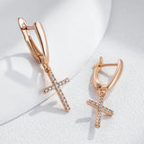 Adorable 14K Rolled Gold AAA Zircon Diamonds Faith Cross Drop Earrings Fine Jewellery
