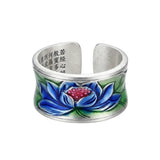 Wide Face Enamel Colourful Lotus Adjustable Open Style Retro Ethnic Handmade Ring