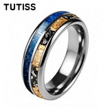 Polishing Dome Blue Glass Stone Meteorite Gold Foil Inlay 6mm 8mm Tungsten Rings