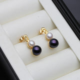 Beautiful Real White Black Grey Double Pearl Stud Drop Gold Colour Earrings