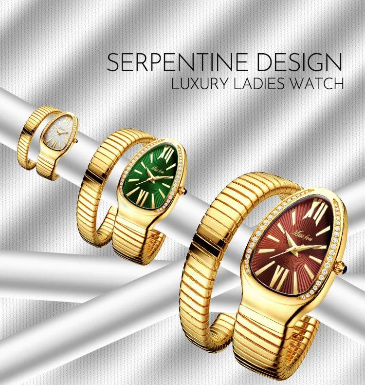 Famous Brand Sensational Snake Shape Luxury Stainless Steel Unique Gold Quartz Ladies Watch - The Jewellery Supermarket