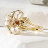 Elegant Delicate Hadmade Enamel Lily Artistic Golden Colour Charm Vintage Ring