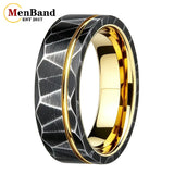 Black Geometric Hammered Offset Groove 8mm Tungsten Rings for Men Comfort Fit