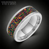 Hammered Tungsten Black Fire Opal Inlay 8mm Tungsten Engagement Ring for Men Women