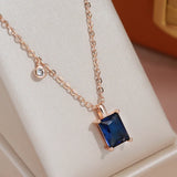 Simple Square Cut AAA Blue Zircon Crystal 14K Filled Rose Gold Round Ball Chain Necklace - Fashion Jewellery