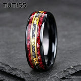 Unique Red Garnet & Meteorite Gold Foil Inlaid With Two-tone Tungsten Wedding Rings