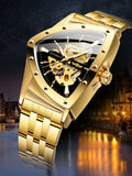 New Designer Luxury Triangle Skeleton Automatic Movement Business Gold Stainless Steel Mechanical Fashion Watches