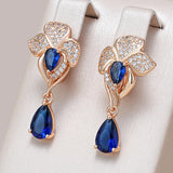14 Karat Gold Filled Luxury Blue AAA Zircon Diamonds Vintage Flower Long Dangle Earrings