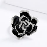 Elegant Unique Black Flower Handmade Enamel AAA Zircon Diamonds Ring