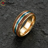 Inlaid Whiskey Barrel Wood and Blue-Green Opal 6/8MM Men Women Tungsten Rings