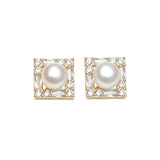 Square Design Real Multicolour Pearls AAA Zircon Diamonds Silver Stud Earrings