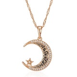 Unique 14K Filled Rose Gold Black Enamel Moon And Star Trendy Pendant Necklace n With Shiny AAA CZ Crystals.