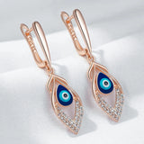14K Gold Filled Blue Enamel Eyes Double Layer AAA Zircon Diamonds Geometric Long Earrings