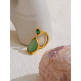 14K Gold Plated Stainless Steel Green Natural Stone AAA Zirconia Water Drop Geometric Ring