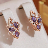 Luxury Geometric Hollow Vintage Filled 14K Rose Gold Purple AAA Zircon Diamonds Drop Earrings, Fashion Jewellery