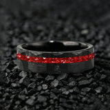 Hammered Faceted Brushed Finish Red Crystal Stone Inlay Gold Color Tungsten Rings