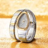 Amazing Luxury Zircon Diamond Dial Stainless Steel Quartz Wristwatch Fashion Snake Watch for WomenLady Dress Jewelry