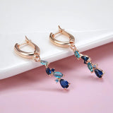 New Fashion 14K Rolled Rose Gold Luxury Blue AAA Zircon Crystals Leaf Long Dangle Earrings - Fine  Jewellery