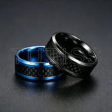 Black Carbon Fiber Inlay Beveled Edge Polished Multicolor Tungsten Carbide Rings