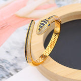 Designer Collection Rectangle Zircon Diamonds Gold Color Snake Serpent Snakelike Open Bangle Bracelet Ladies Watches