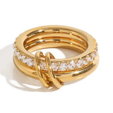 18K Gold Plated Minimalism Glossy Shine Stainless Steel White Cubic Zirconia Inlaid Double Layer Ring