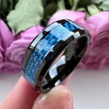 New Beveled White/Blue Carbon Fiber Inlay Fashion 6/8mm Comfort Fit Tungsten Carbide Wedding Rings for Men and Women - The Jewellery Supermarket