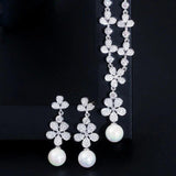 New Sparkling AAA+Cubic Zirconia Diamonds Silver Colour Long Pearl Drop Earrings Necklace Wedding Jewellery Set - The Jewellery Supermarket