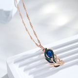 14K Rolled Gold Leaf Design Blue Black AAA Zircon Crystals Vintage Pendant Necklace
