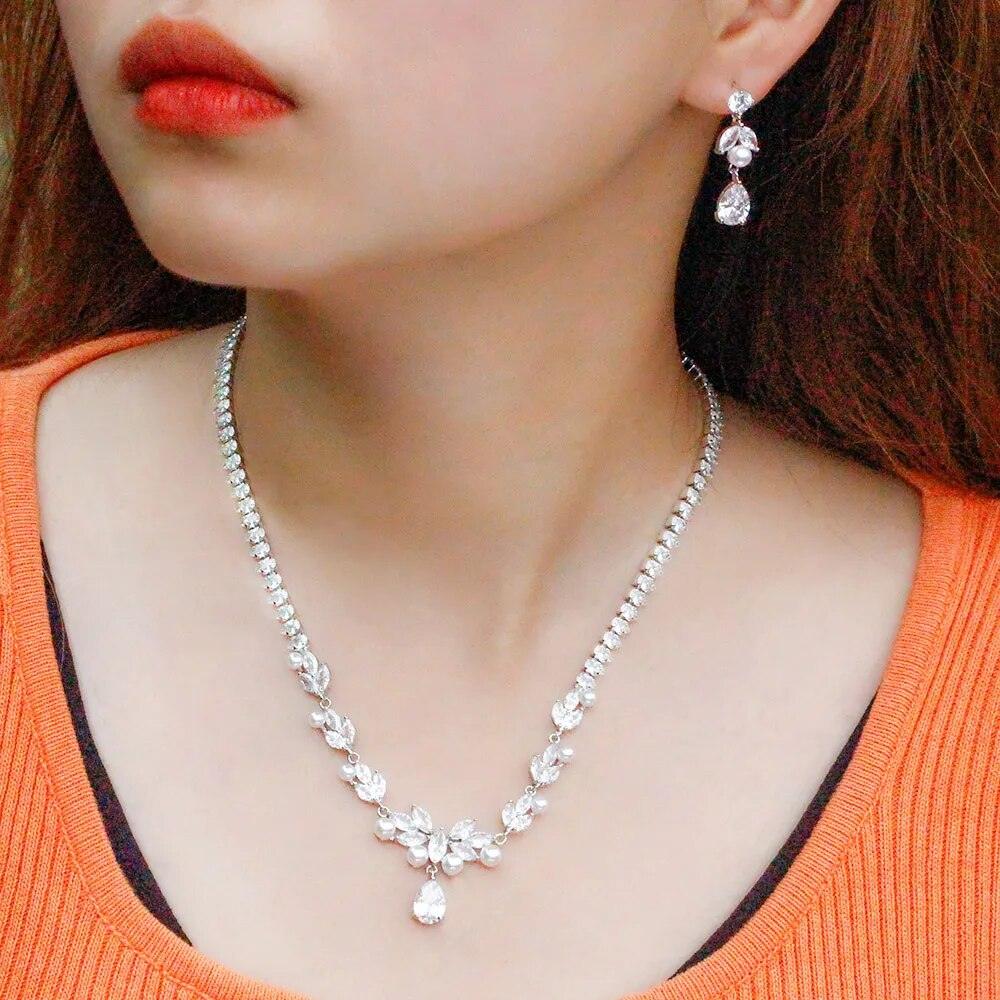New Gorgeous AAA+ White Cubic Zircon Diamonds Flower Leaf Bridal Pearl Necklace Earrings Jewellery Set - The Jewellery Supermarket