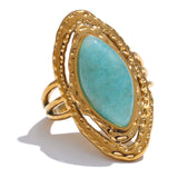 18K Gold Plated Green Natural Stone Fashion Adjustable Stainless Steel Geometric Open Ring