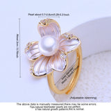 Pearl Flower 18KGP Five Pinkish-White Enamel Floral Petals AAA Zircon Diamonds Rings