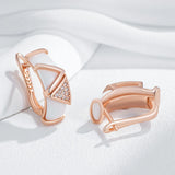 14 Karat Rolled Gold Hollow Geometric Curved White Ceramic AAA Zircon Diamonds Earrings