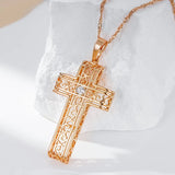 Luxury 14K Filled Rose Gold With AAA Zircon Diamonds Glossy Hollow Cross Pendant Necklace - Fashion Jewellery