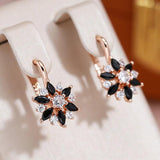 Quality 14K Rolled Rose Gold Black White AAA Zircon Crystals Flower Dangle Earrings - Unique Geometric Jewellery