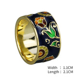 Vintage Elegant Black and Green Floral Handmade Enamel Silver 18KGP Ring