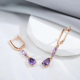 Classic Drop Shape Purple 14K Rolled Rose Gold AAA Zircon Crystals Dangle Earrings - Fine Jewellery