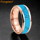 Blocky Turquoise Inlay Polished Bevel Edges Tungsten Carbide Rings for Men Women