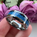 New Beveled White/Blue Carbon Fiber Inlay Fashion 6/8mm Comfort Fit Tungsten Carbide Wedding Rings for Men and Women - The Jewellery Supermarket