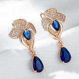 14 Karat Gold Filled Luxury Blue AAA Zircon Diamonds Vintage Flower Long Dangle Earrings
