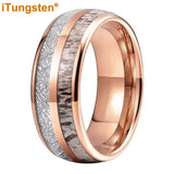 Polished Bevel Edges Deer Antler, Meteorolite Inlay 6/8mm Tungsten Carbide Rings