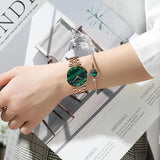 Elegant Fashion Green Malachite Dial Casual Ladies Watches - Stainless Steel Strap Waterproof Quartz Wristwatches
