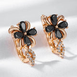 Luxury Black 14K Rolled Rose Gold AAA Zircon Crystals Drop Earrings - Vintage Style Crystal Flower Jewellery