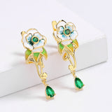Fashion Handmade Enamel Green Pendant Flower Shape AAA Zircon Crystal Earrings