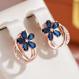 Luxury Geometric 14K Filled Rose Gold AAA Blue Zircon Crystals Flower Clip Earrings - Fashion Vintage Jewellery